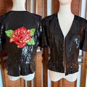 Carolina Herrera Black Sequin open jacket with embroidered rose on back size 8